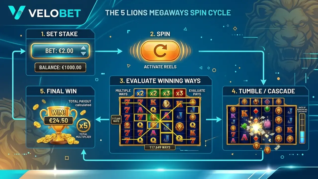 Step-by-step gameplay diagram for 5 Lions Megaways