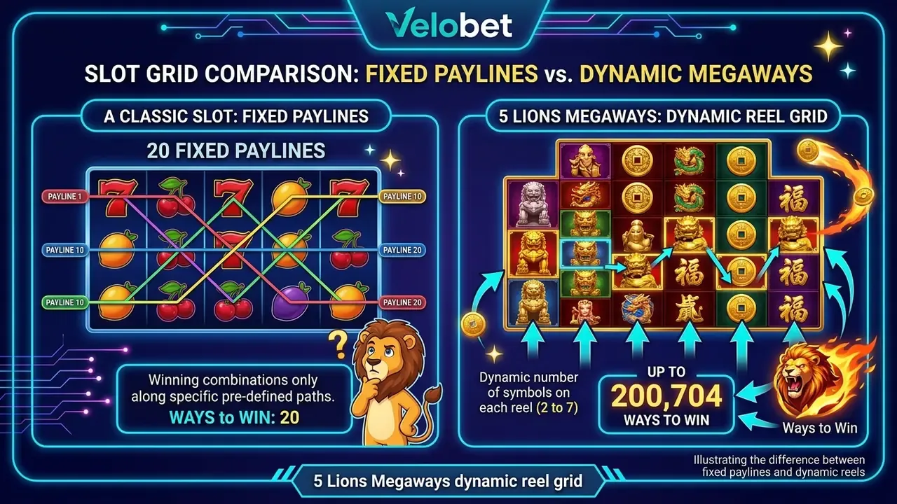 5 Lions Megaways dynamic reel grid
