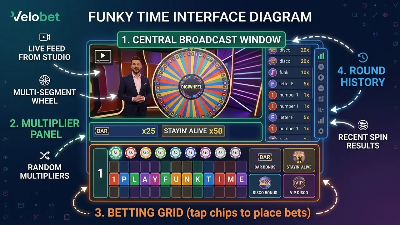 funky time play interface with betting zones wheel multipliers and results