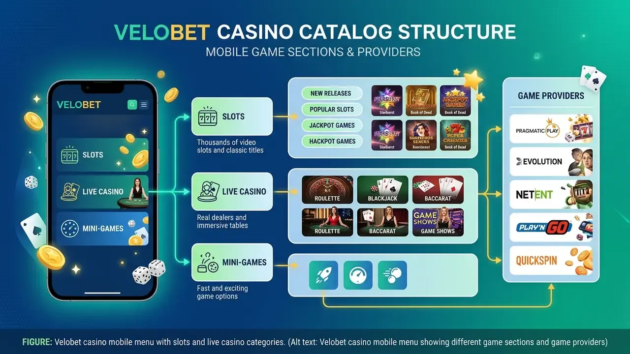 Velobet casino mobile menu with slots and live casino categories